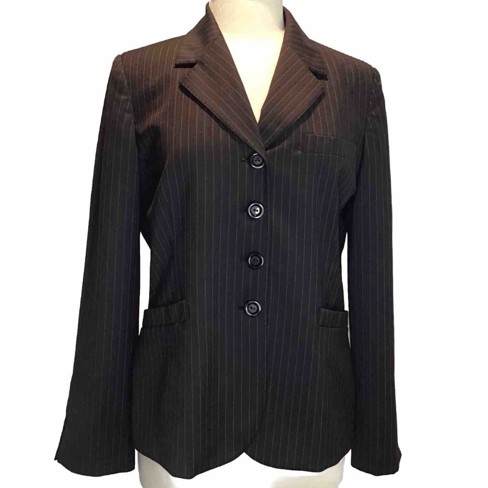 Anne Klein Stretch Black Pinstripe 4 Button Lined Blazer With Pockets Sz  10 GUC